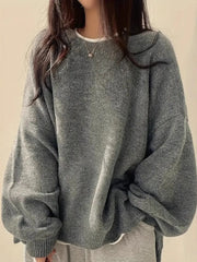 Solid Round Neck Drop Shoulder Split Hem Chic Casual Sweater