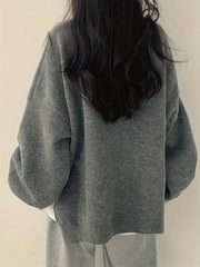 Solid Round Neck Drop Shoulder Split Hem Chic Casual Sweater