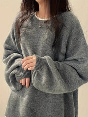 Solid Round Neck Drop Shoulder Split Hem Chic Casual Sweater