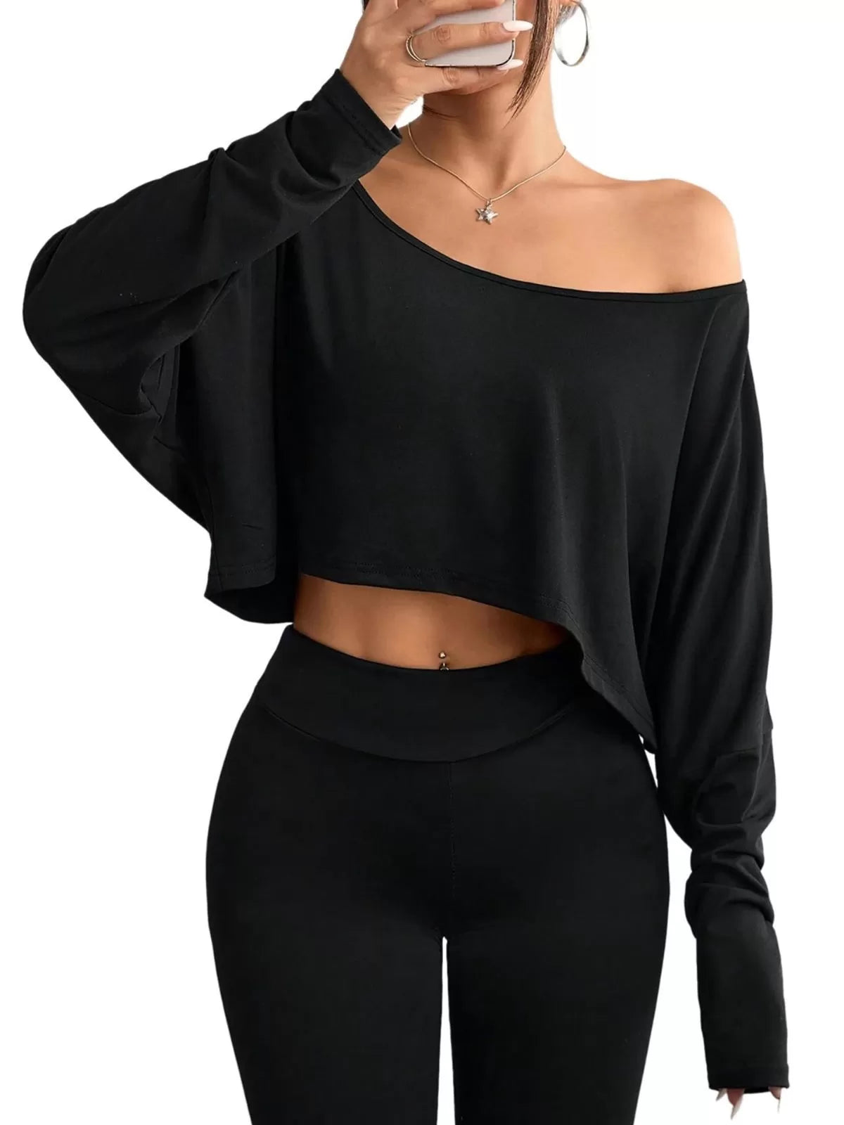 Solid Round Neck Drop Shoulder Casual Long Sleeve Crop T-shirt  for All Seasons