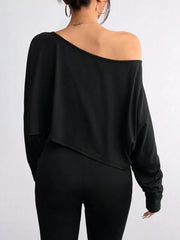 Solid Round Neck Drop Shoulder Casual Long Sleeve Crop T-shirt  for All Seasons