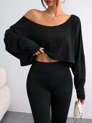 Solid Round Neck Drop Shoulder Casual Long Sleeve Crop T-shirt  for All Seasons
