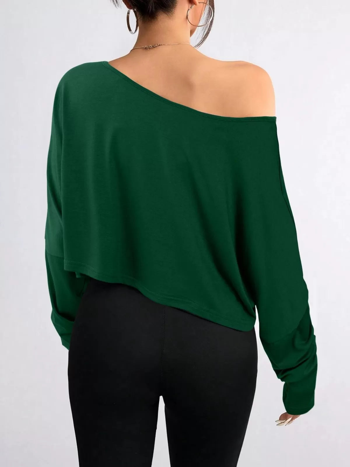 Solid Round Neck Drop Shoulder Casual Long Sleeve Crop T-shirt  for All Seasons