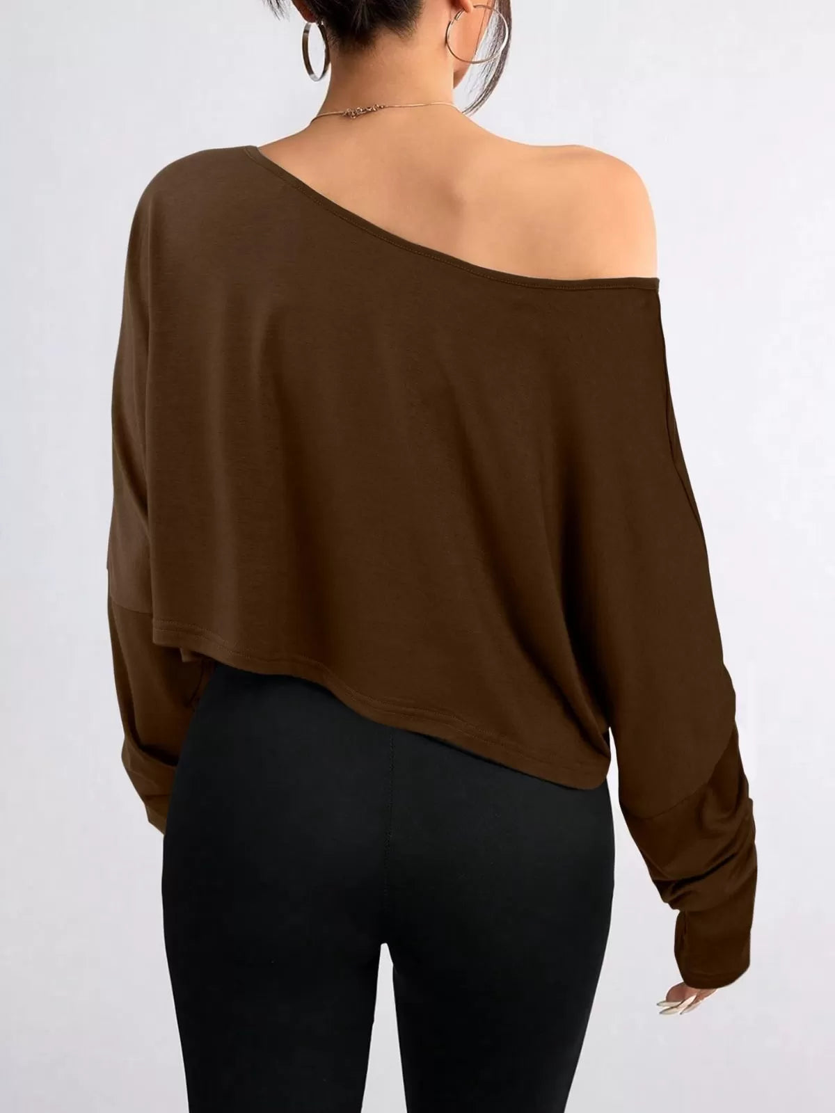 Solid Round Neck Drop Shoulder Casual Long Sleeve Crop T-shirt  for All Seasons