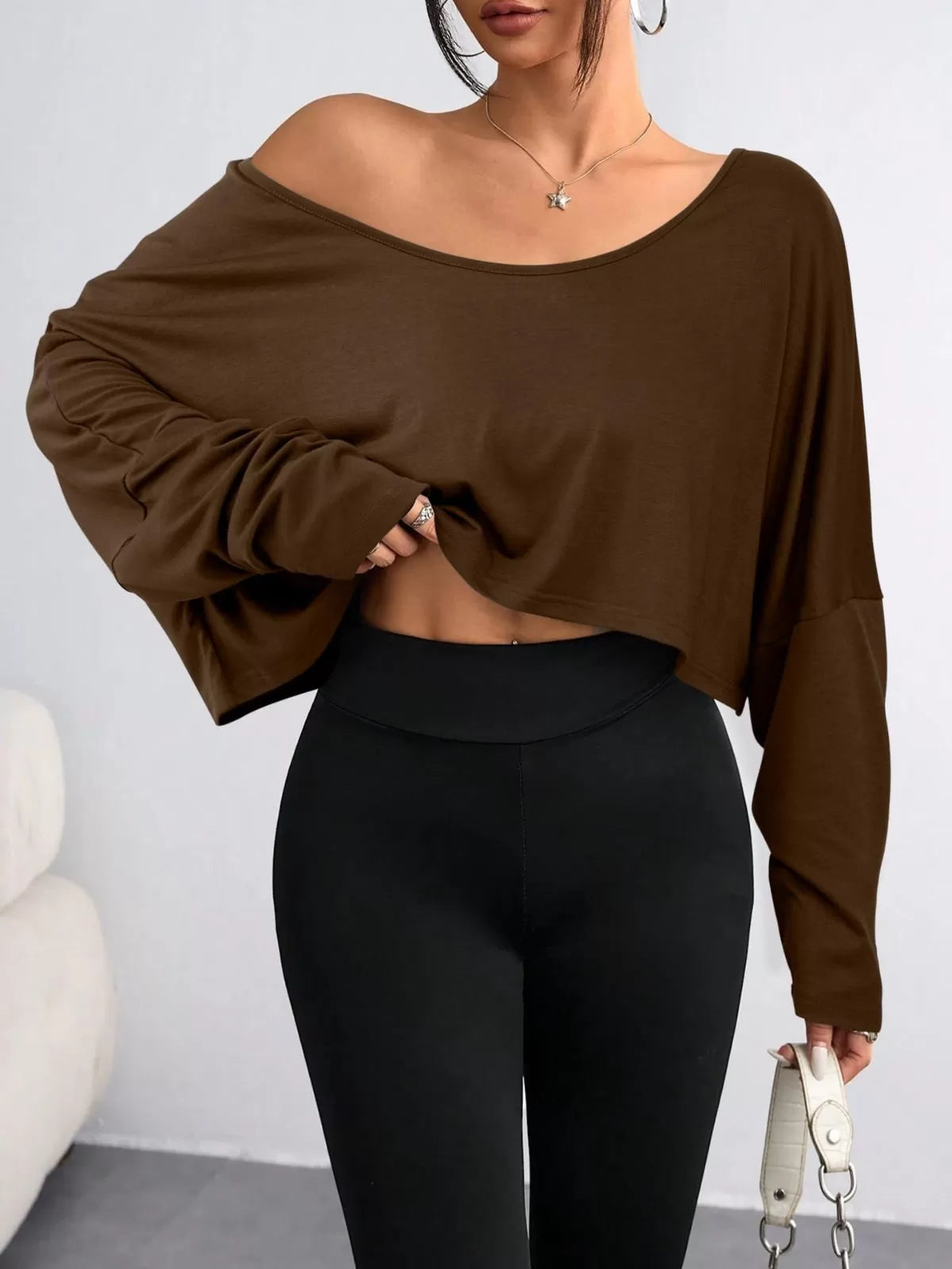 Solid Round Neck Drop Shoulder Casual Long Sleeve Crop T-shirt  for All Seasons