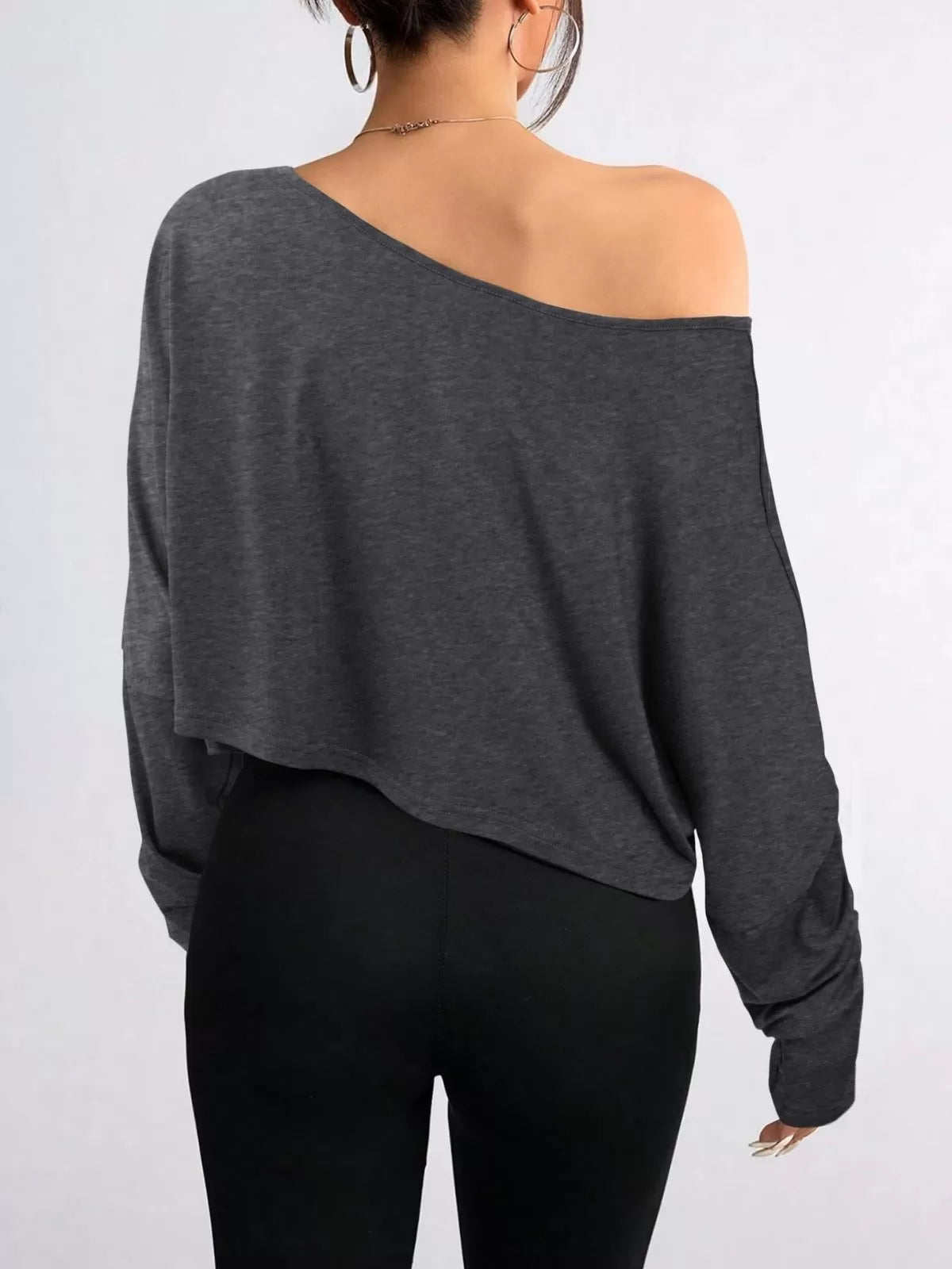 Solid Round Neck Drop Shoulder Casual Long Sleeve Crop T-shirt  for All Seasons