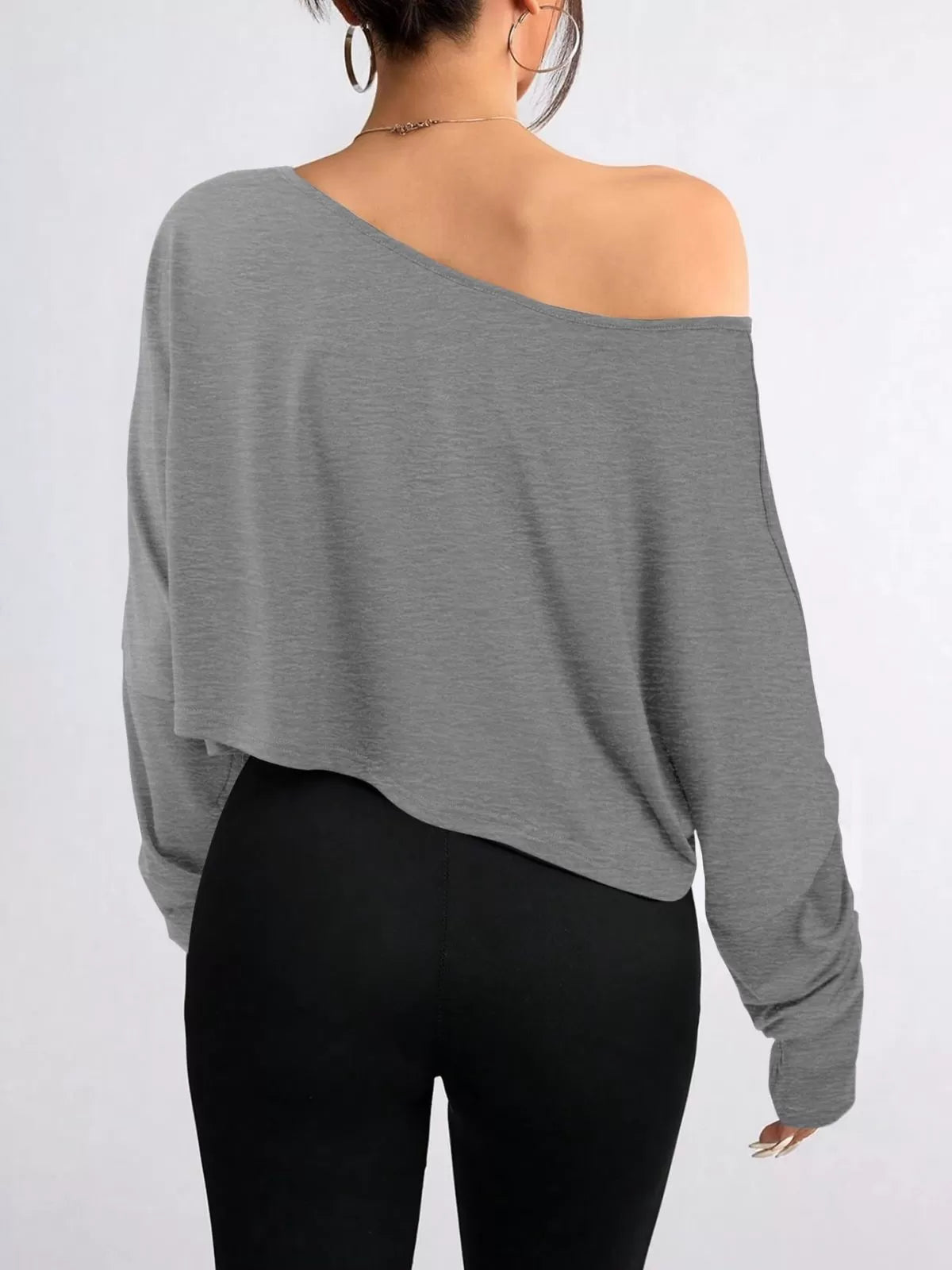 Solid Round Neck Drop Shoulder Casual Long Sleeve Crop T-shirt  for All Seasons