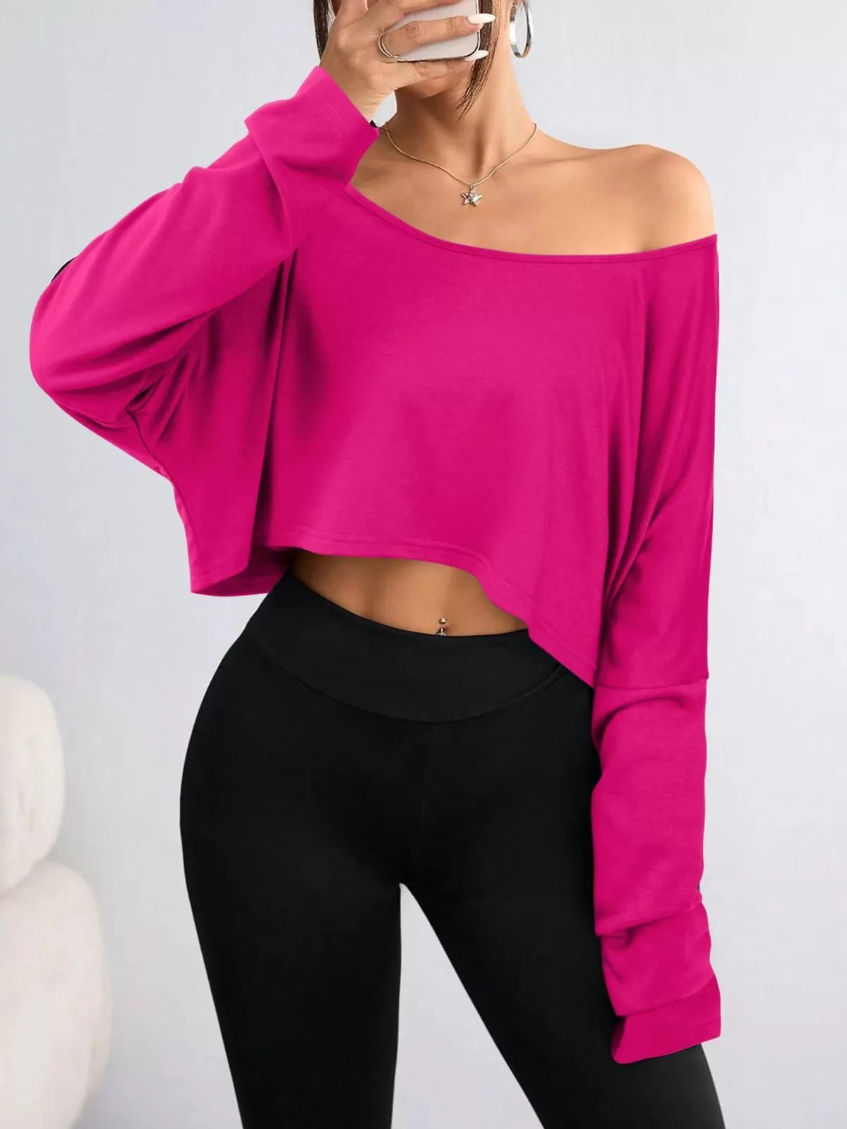 Solid Round Neck Drop Shoulder Casual Long Sleeve Crop T-shirt  for All Seasons