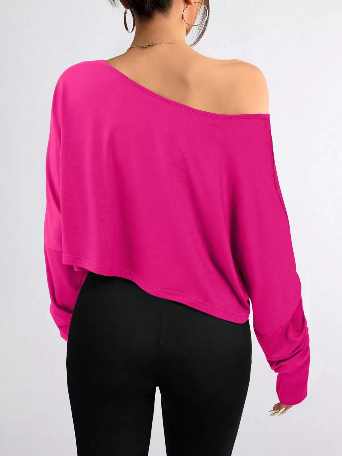 Solid Round Neck Drop Shoulder Casual Long Sleeve Crop T-shirt  for All Seasons