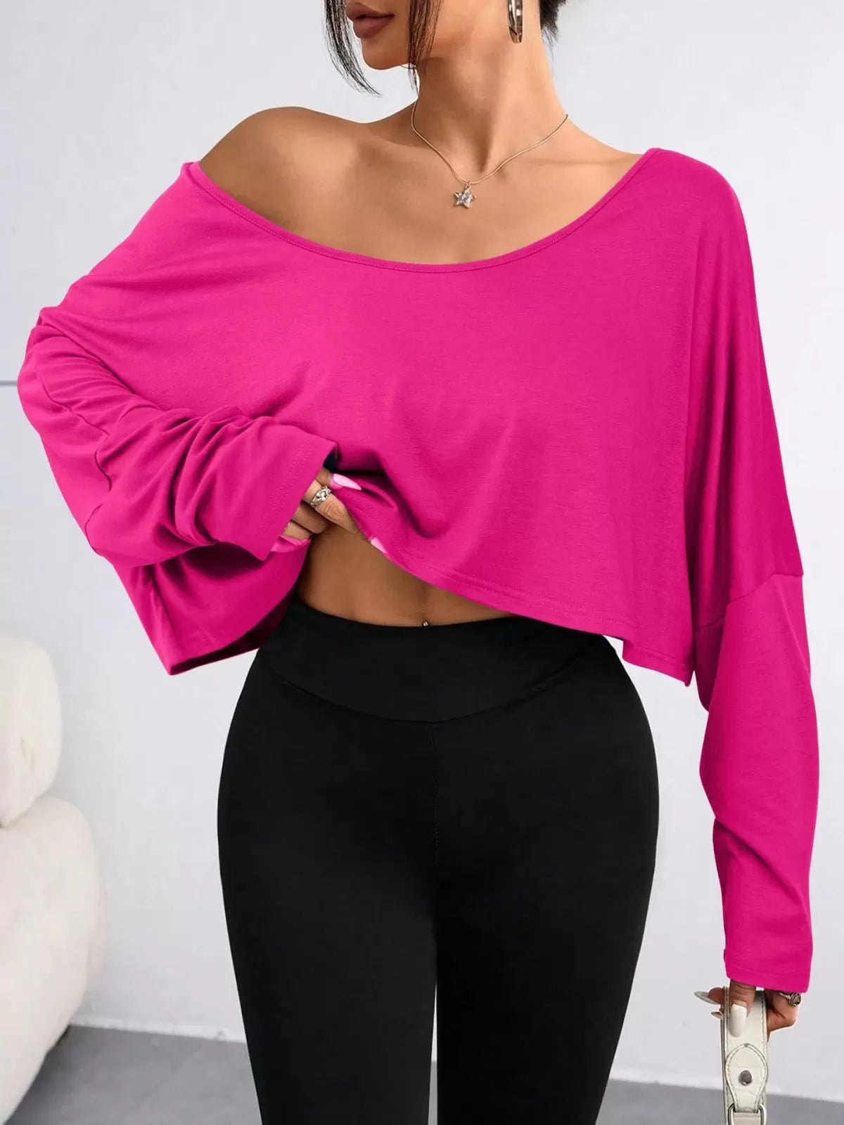 Solid Round Neck Drop Shoulder Casual Long Sleeve Crop T-shirt  for All Seasons