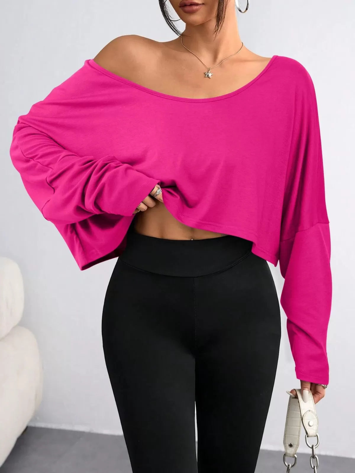 Solid Round Neck Drop Shoulder Casual Long Sleeve Crop T-shirt  for All Seasons