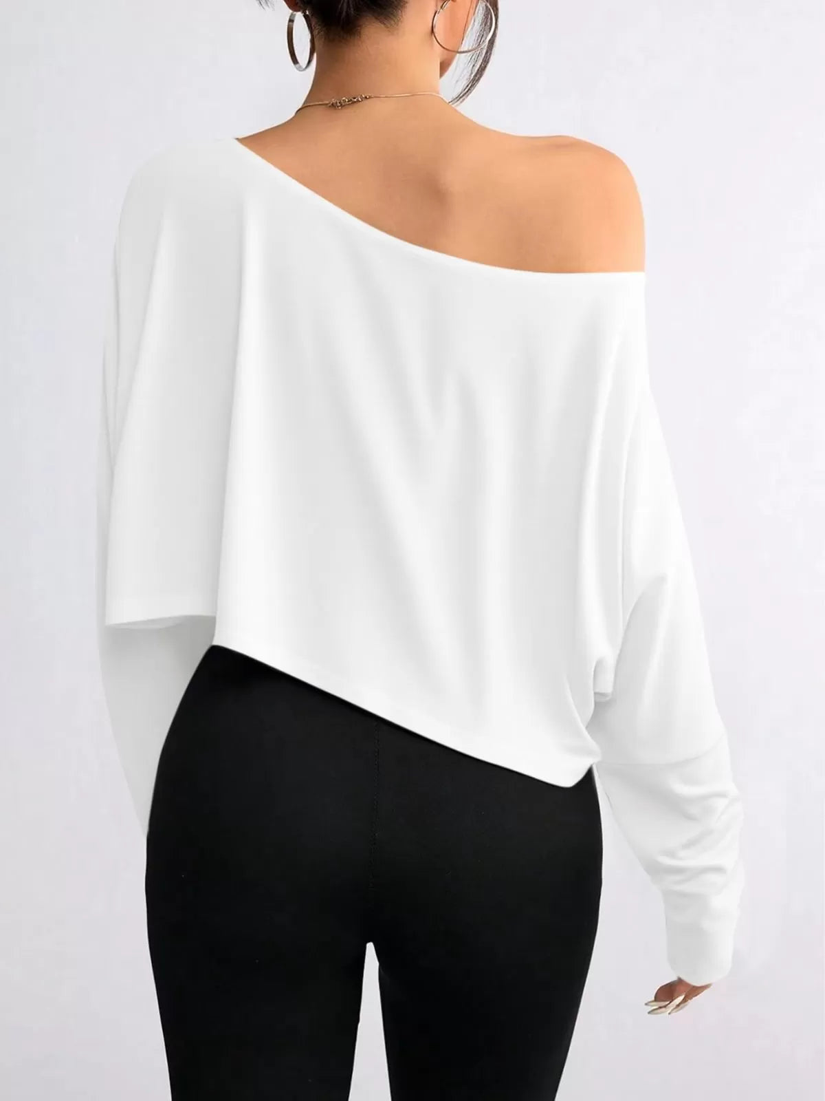 Solid Round Neck Drop Shoulder Casual Long Sleeve Crop T-shirt  for All Seasons