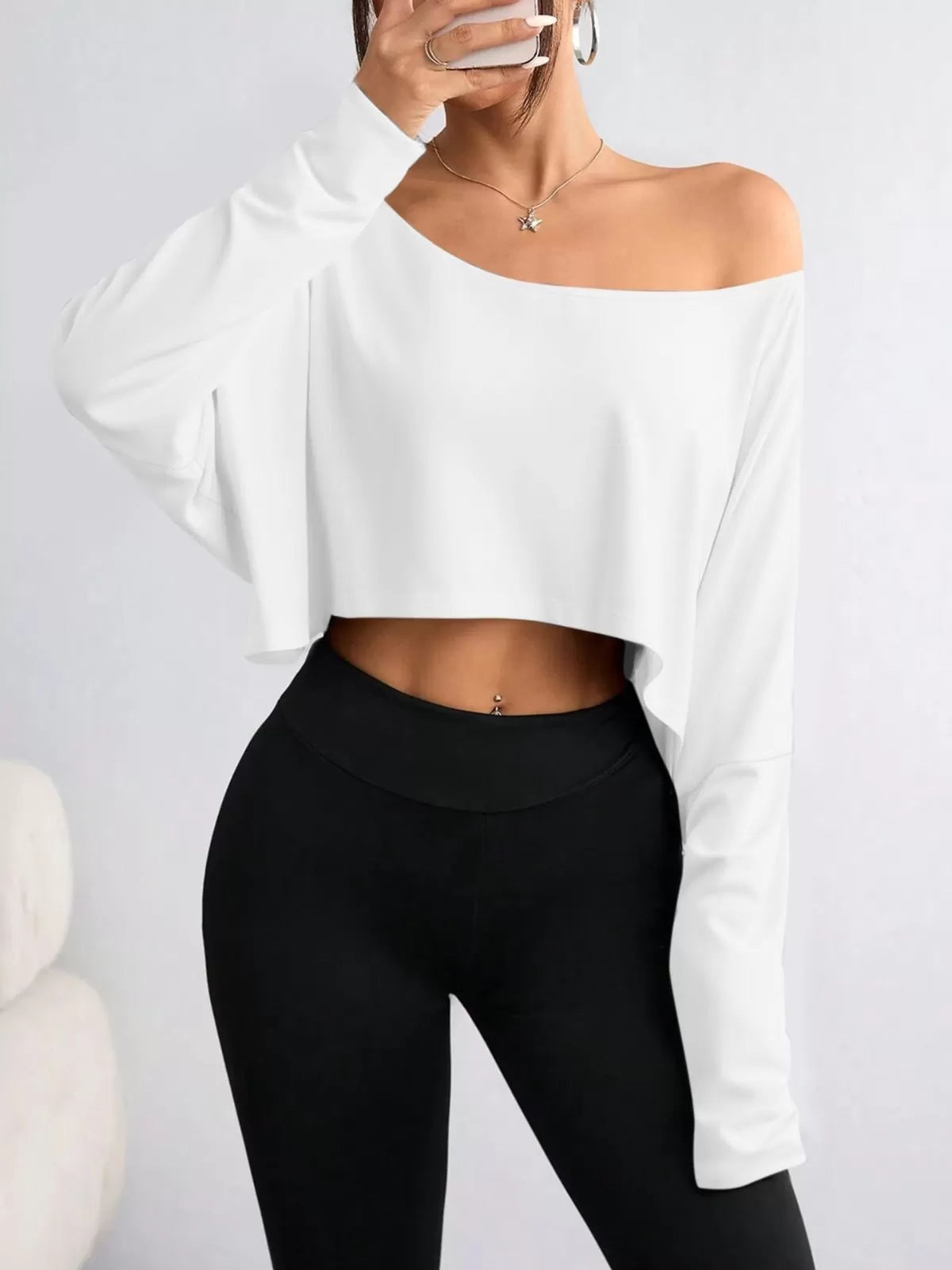 Solid Round Neck Drop Shoulder Casual Long Sleeve Crop T-shirt  for All Seasons