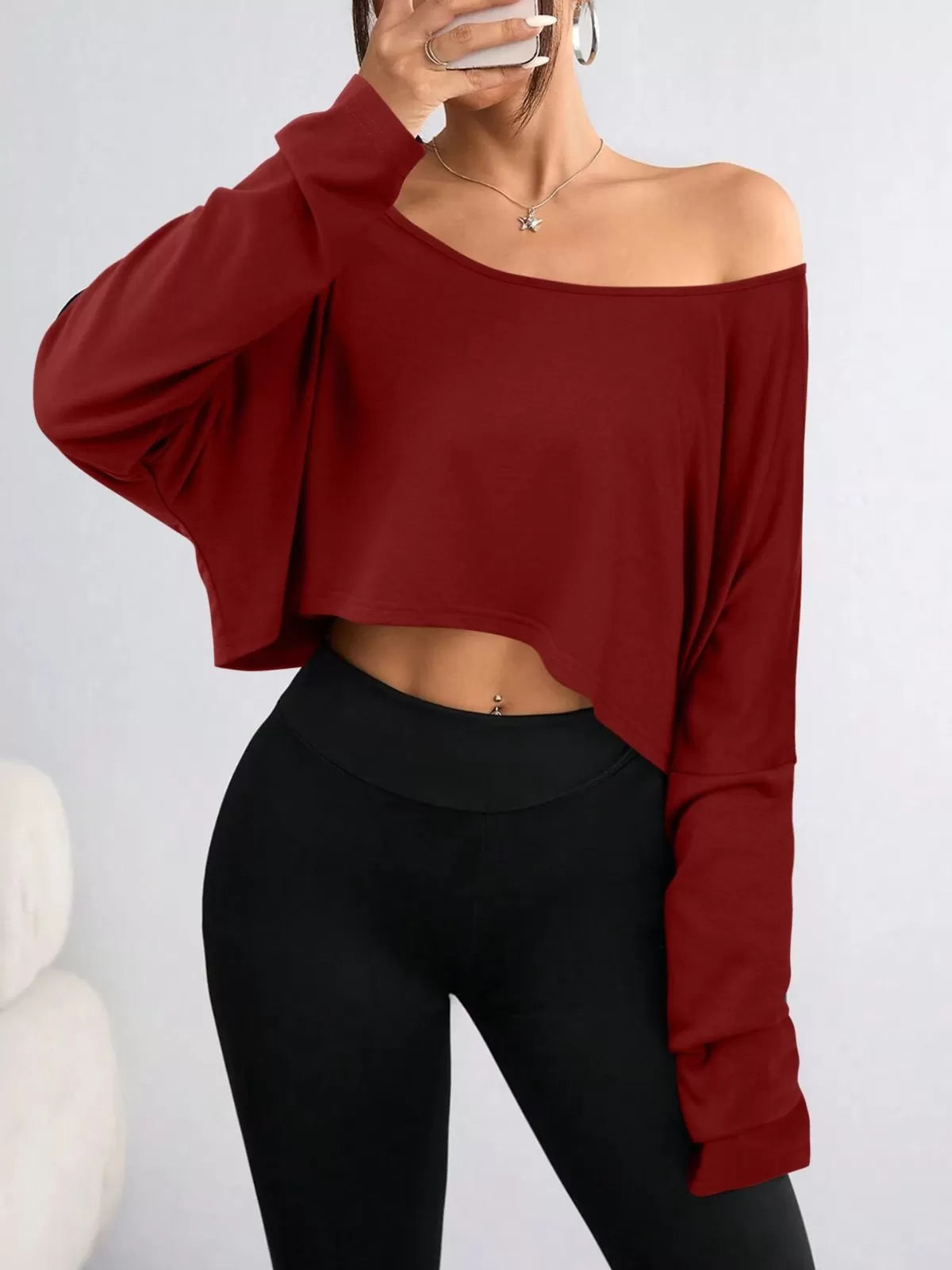 Solid Round Neck Drop Shoulder Casual Long Sleeve Crop T-shirt  for All Seasons