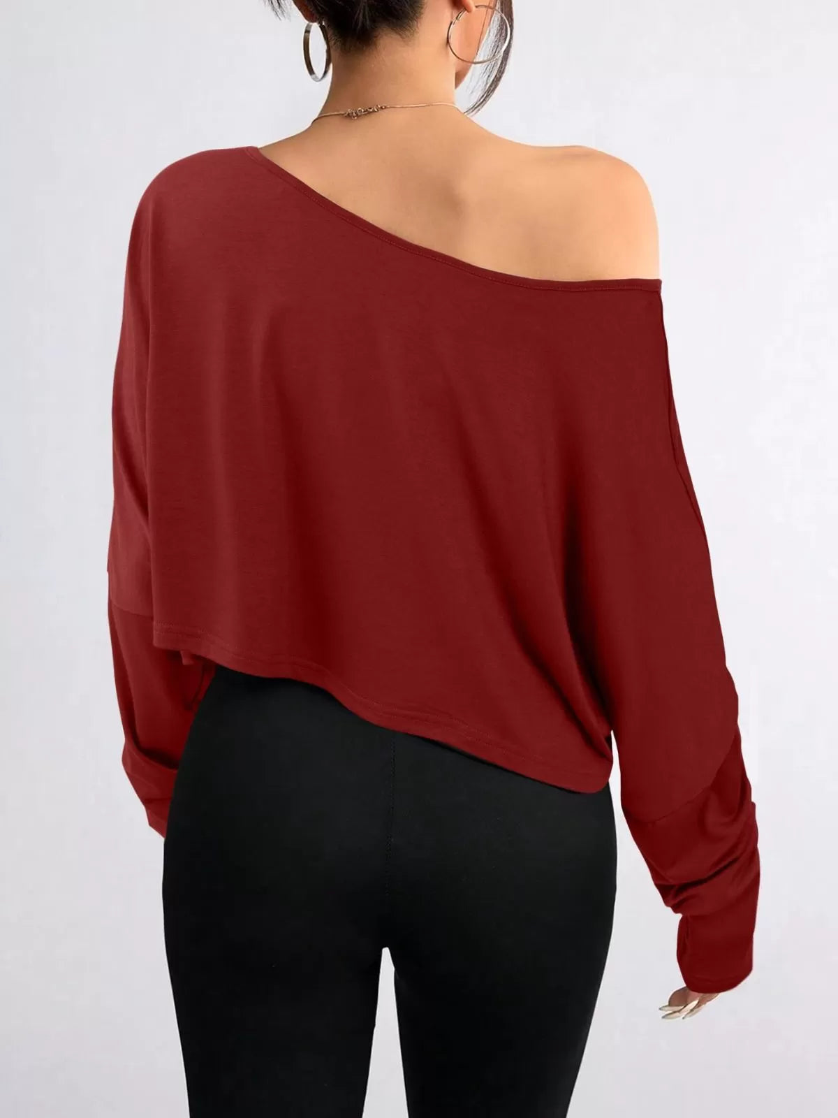 Solid Round Neck Drop Shoulder Casual Long Sleeve Crop T-shirt  for All Seasons