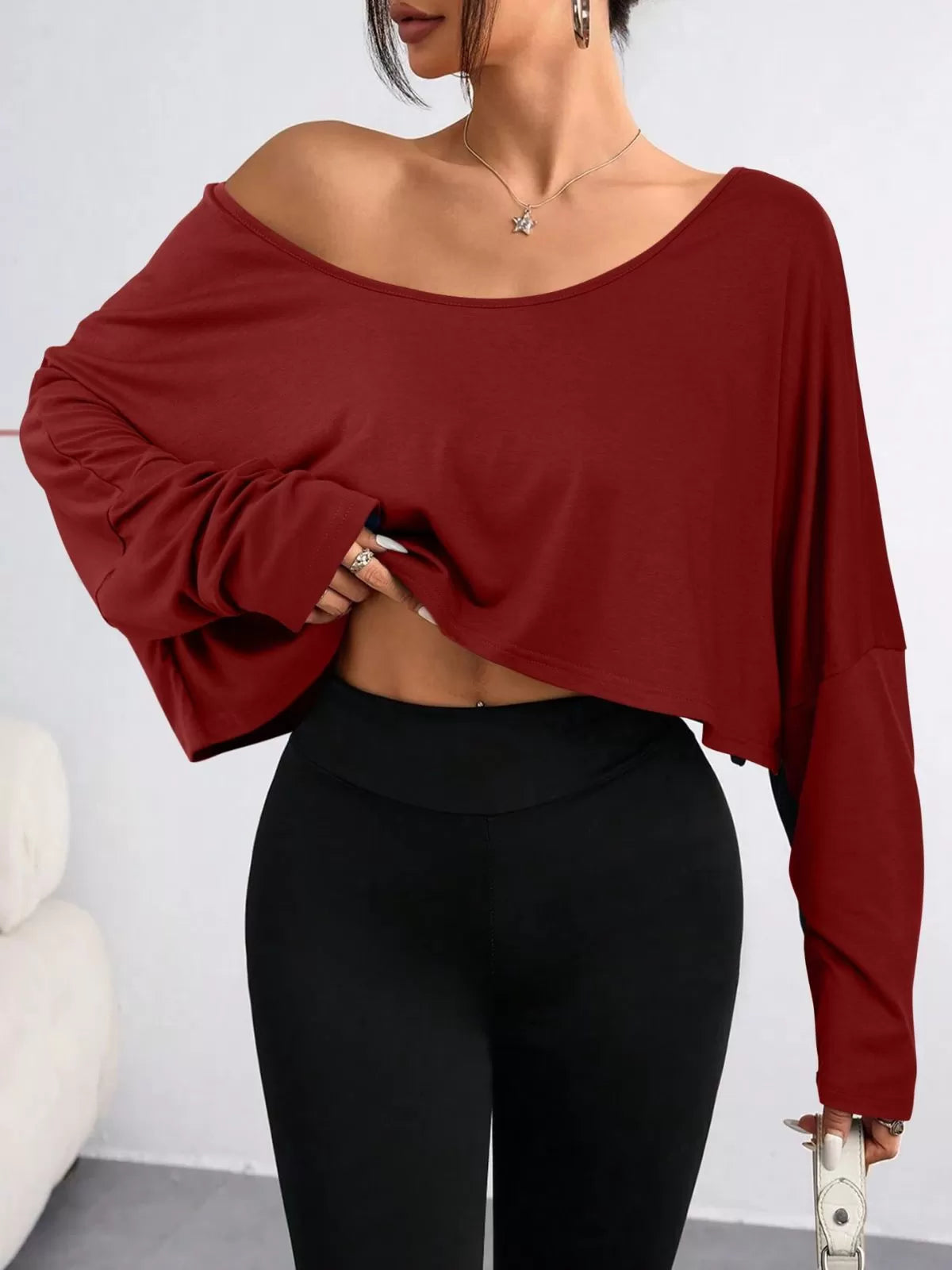 Solid Round Neck Drop Shoulder Casual Long Sleeve Crop T-shirt  for All Seasons