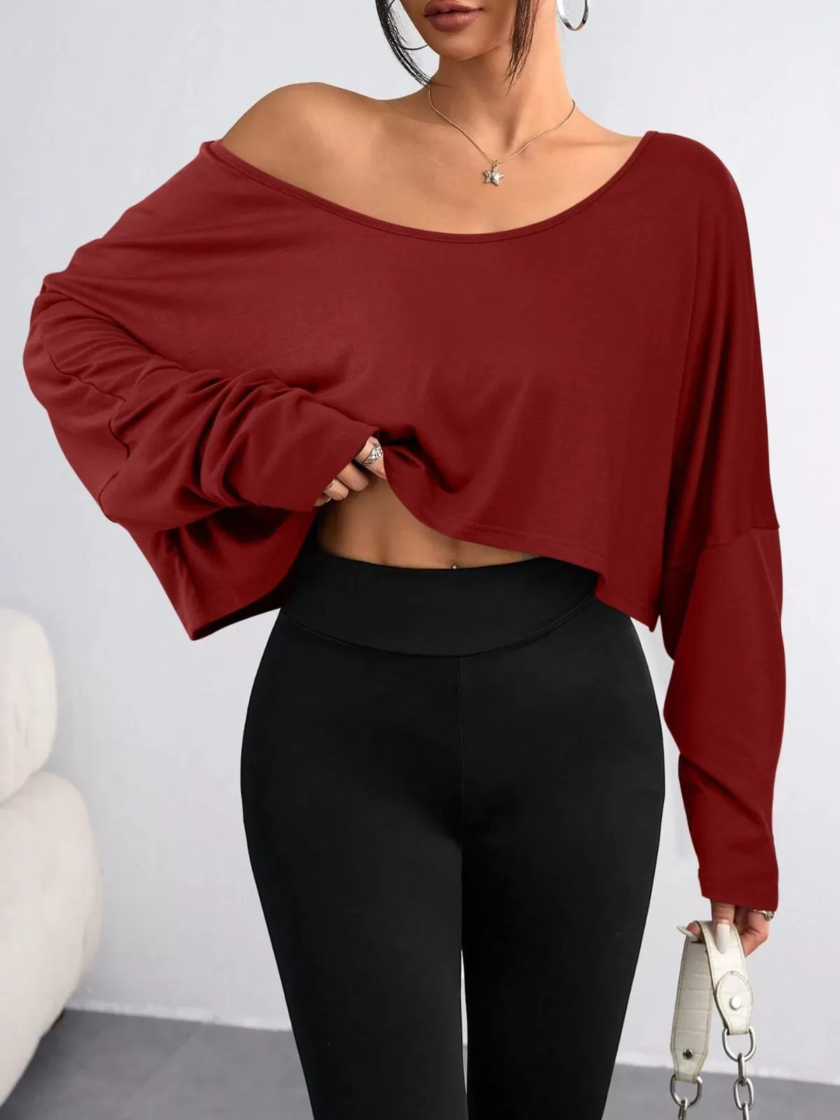 Solid Round Neck Drop Shoulder Casual Long Sleeve Crop T-shirt  for All Seasons