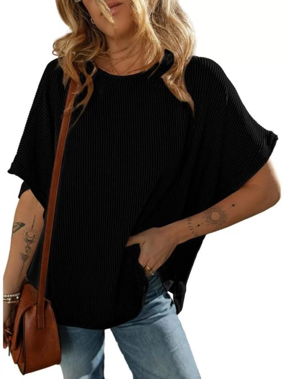 Solid Round Neck Loose Texture Knit Tunic Side Slits Sweater