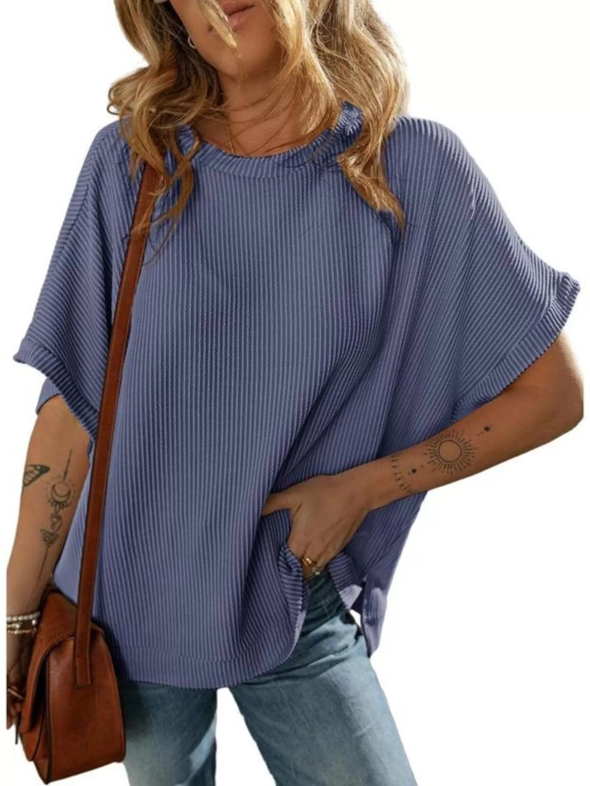 Solid Round Neck Loose Texture Knit Tunic Side Slits Sweater