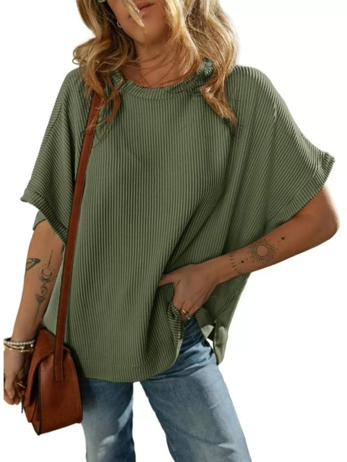Solid Round Neck Loose Texture Knit Tunic Side Slits Sweater