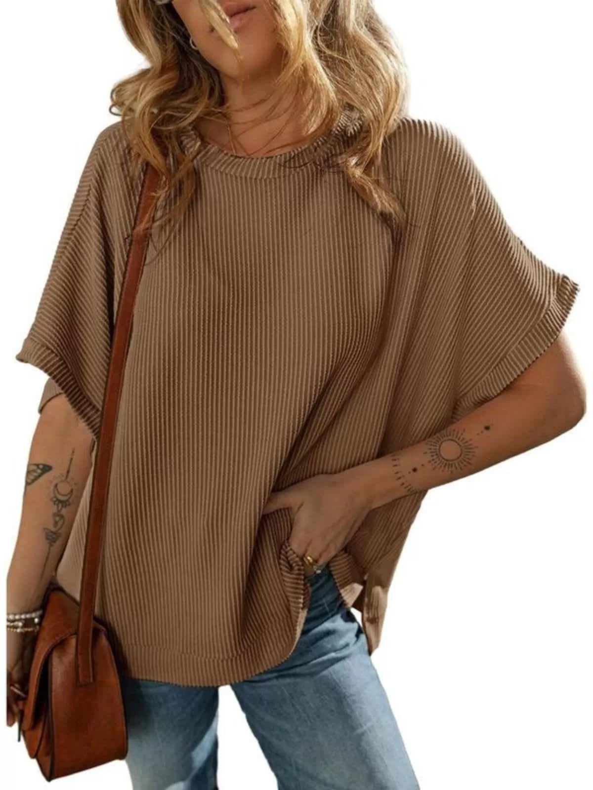 Solid Round Neck Loose Texture Knit Tunic Side Slits Sweater
