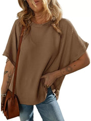 Solid Round Neck Loose Texture Knit Tunic Side Slits Sweater