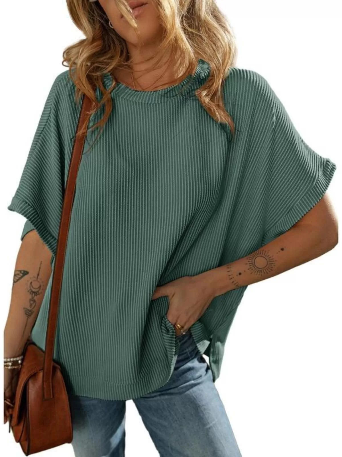 Solid Round Neck Loose Texture Knit Tunic Side Slits Sweater