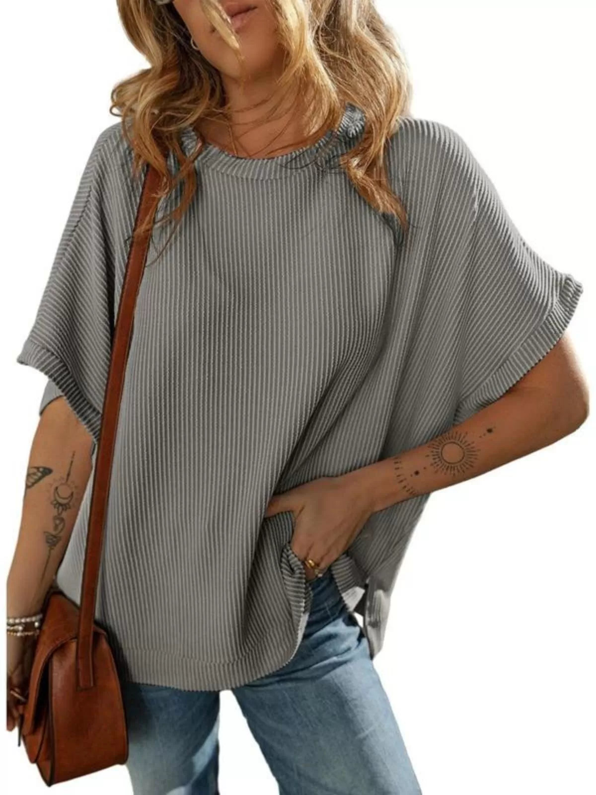 Solid Round Neck Loose Texture Knit Tunic Side Slits Sweater
