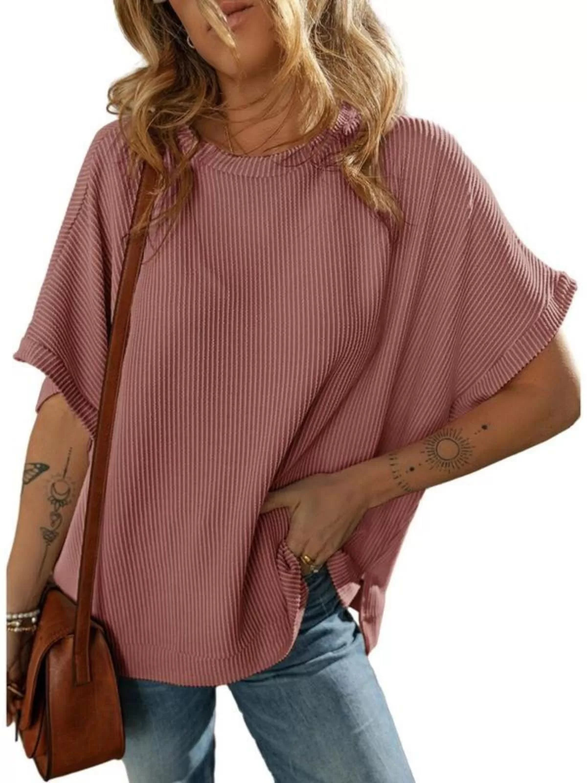 Solid Round Neck Loose Texture Knit Tunic Side Slits Sweater