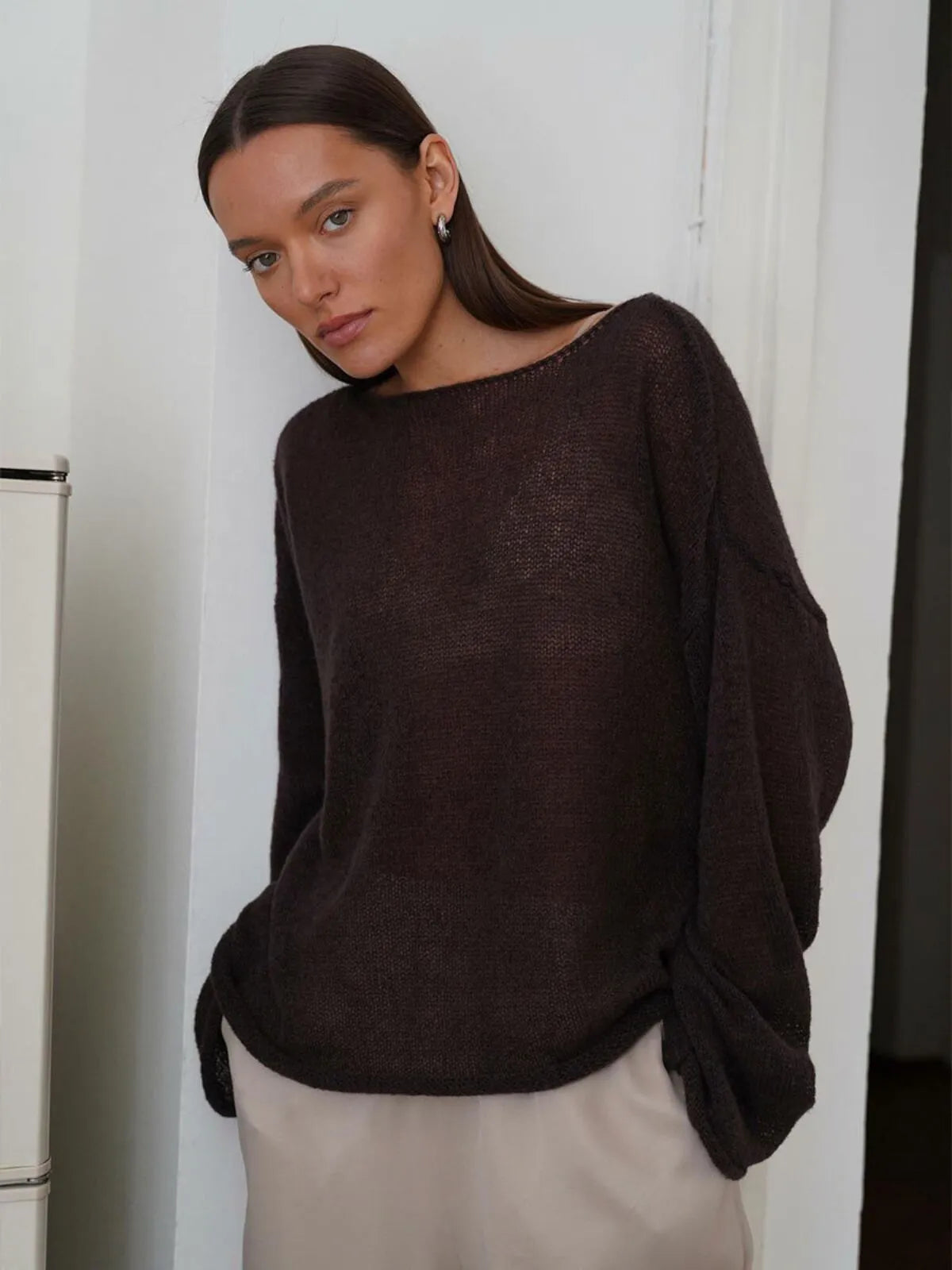 Elegant Solid Sheer Pullover Drop Shoulder Light Knit Sweater