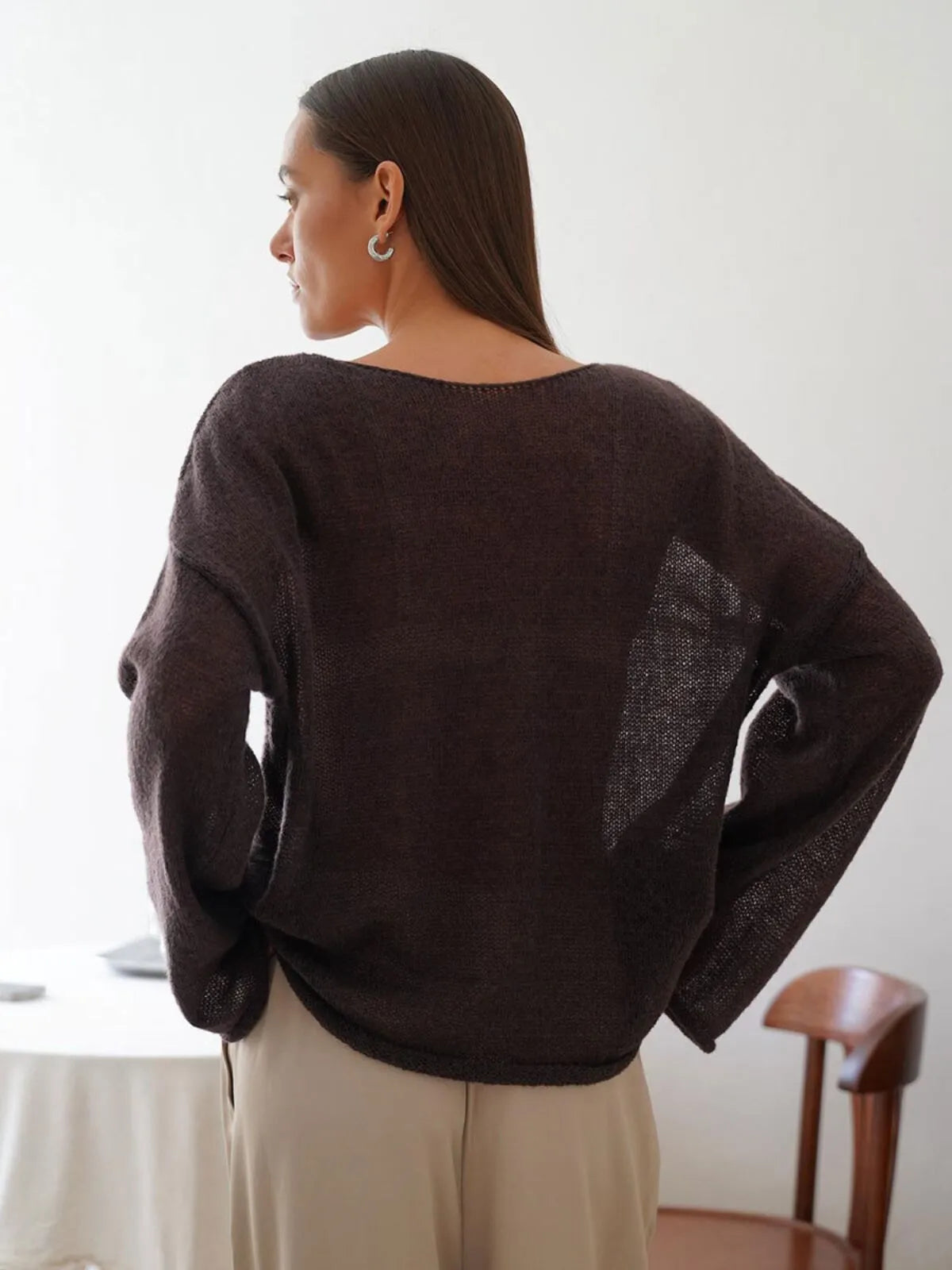 Elegant Solid Sheer Pullover Drop Shoulder Light Knit Sweater