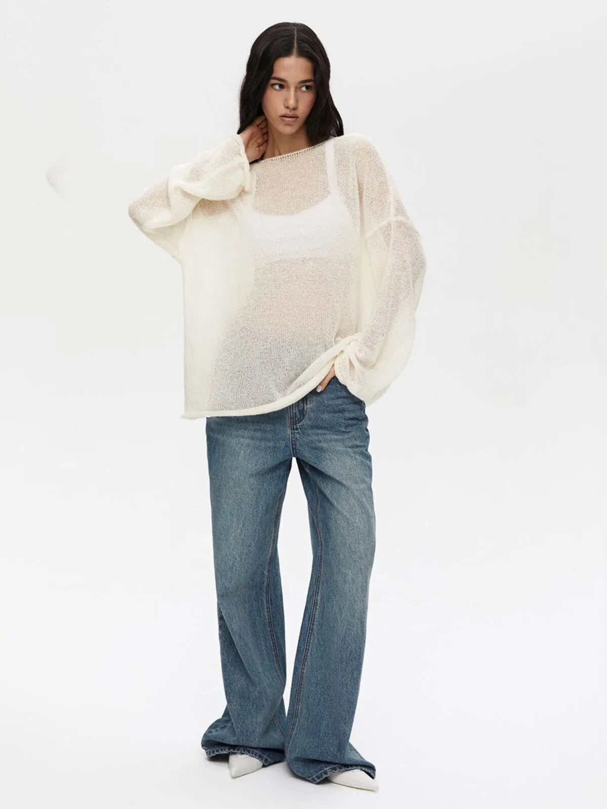 Elegant Solid Sheer Pullover Drop Shoulder Light Knit Sweater