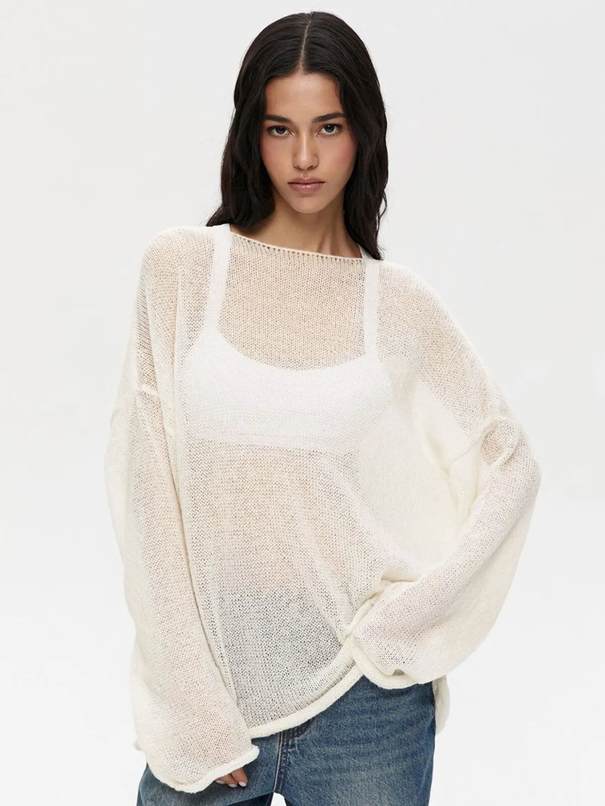 Elegant Solid Sheer Pullover Drop Shoulder Light Knit Sweater