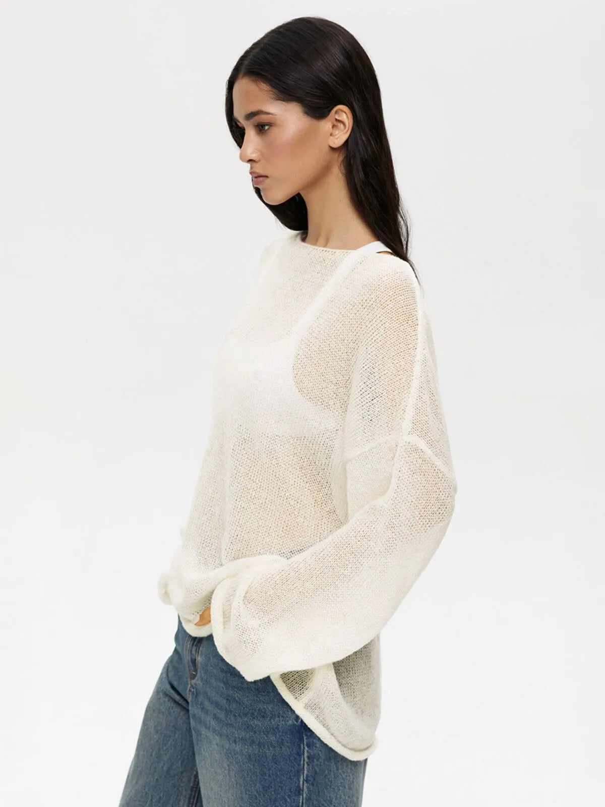 Elegant Solid Sheer Pullover Drop Shoulder Light Knit Sweater
