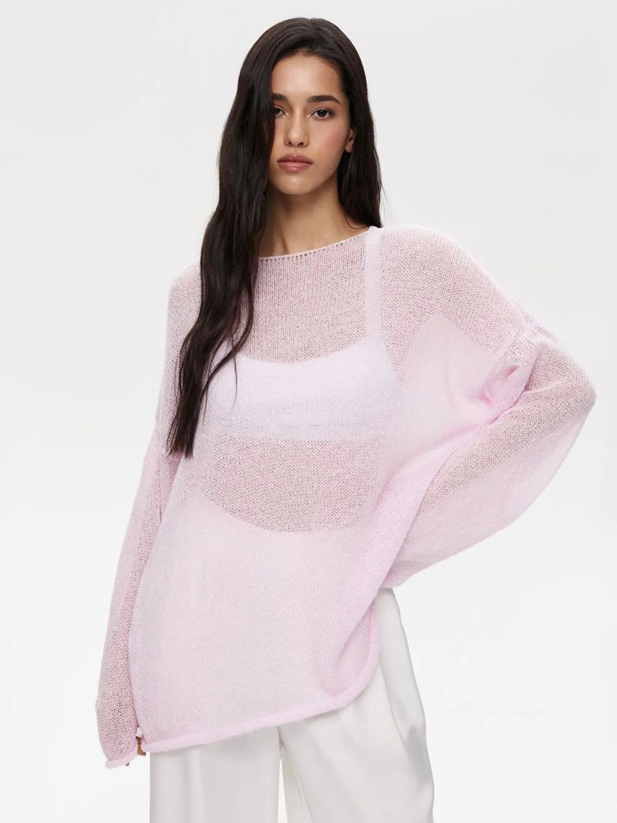Elegant Solid Sheer Pullover Drop Shoulder Light Knit Sweater