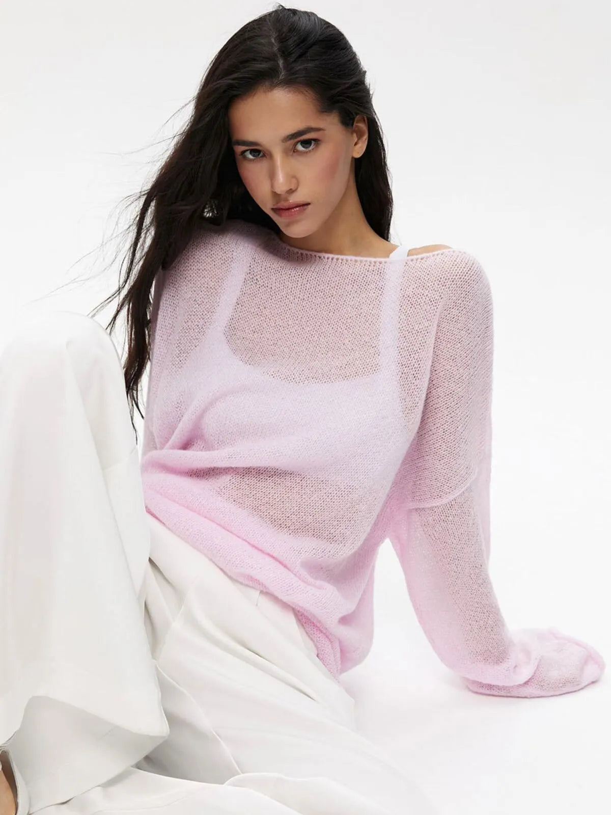 Elegant Solid Sheer Pullover Drop Shoulder Light Knit Sweater