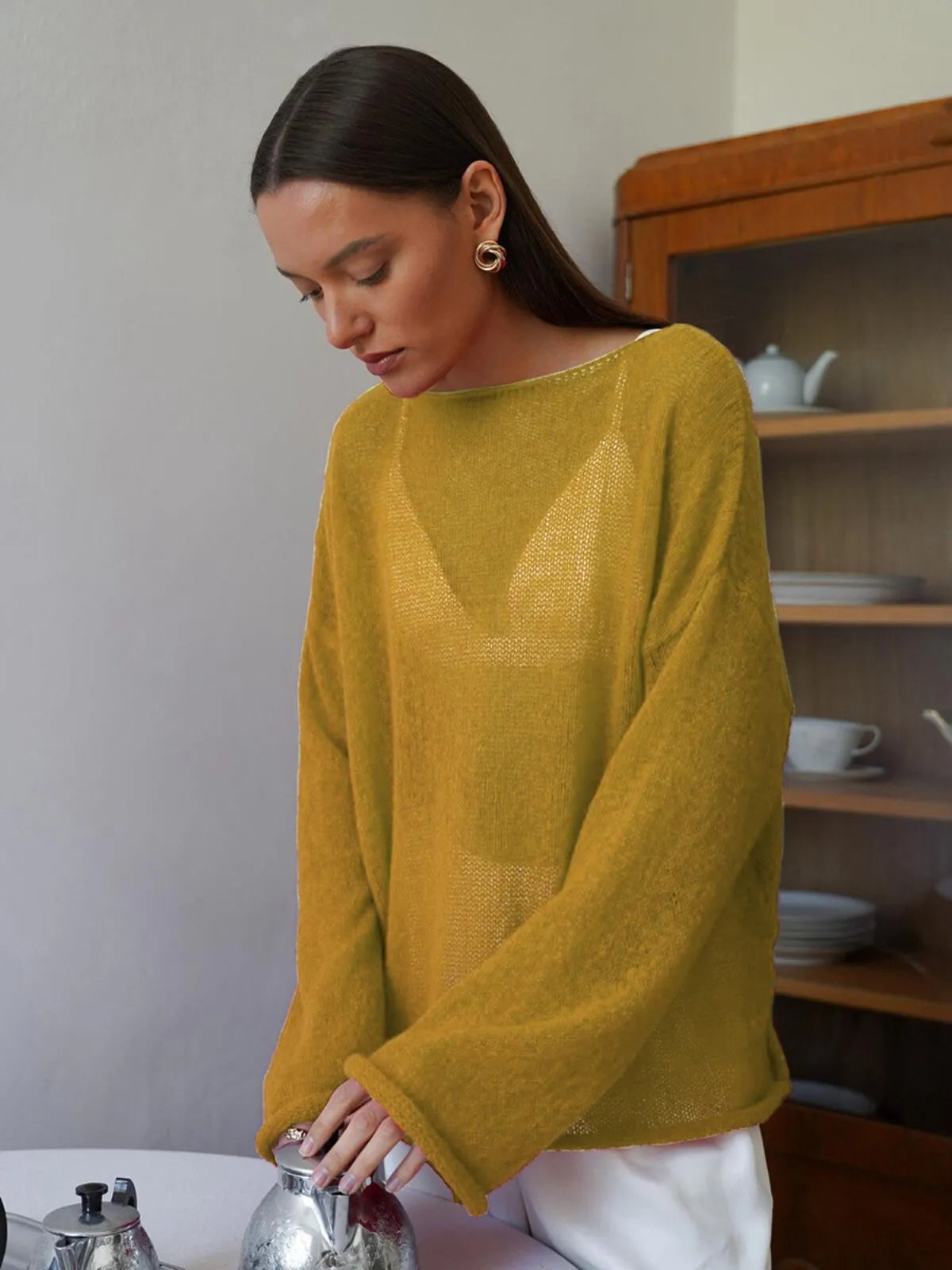 Elegant Solid Sheer Pullover Drop Shoulder Light Knit Sweater