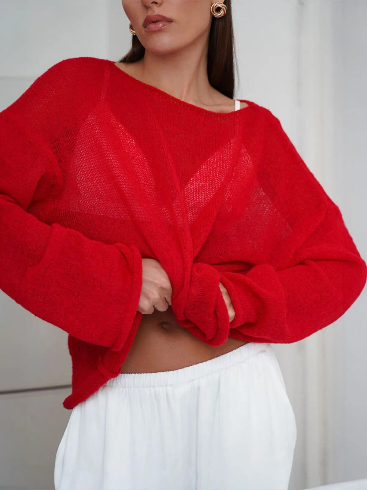 Elegant Solid Sheer Pullover Drop Shoulder Light Knit Sweater