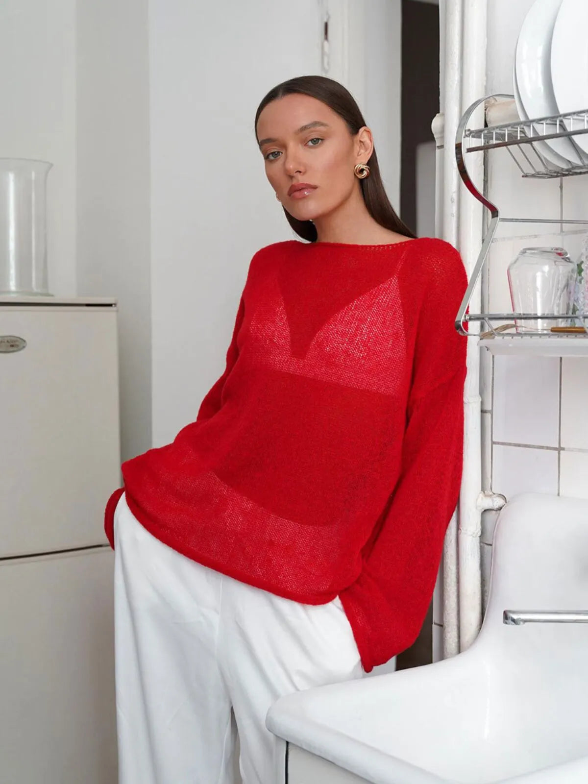 Elegant Solid Sheer Pullover Drop Shoulder Light Knit Sweater