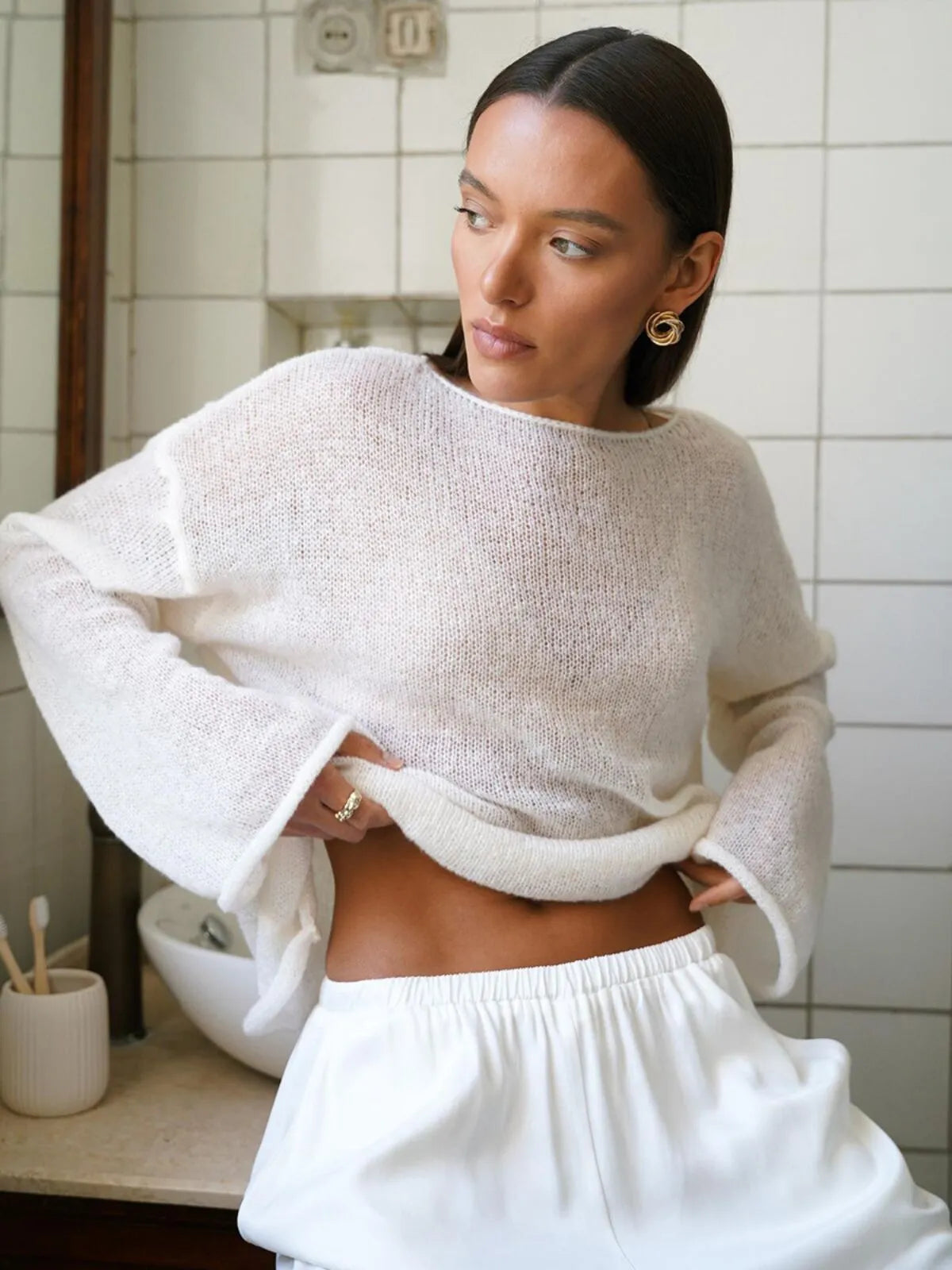 Elegant Solid Sheer Pullover Drop Shoulder Light Knit Sweater