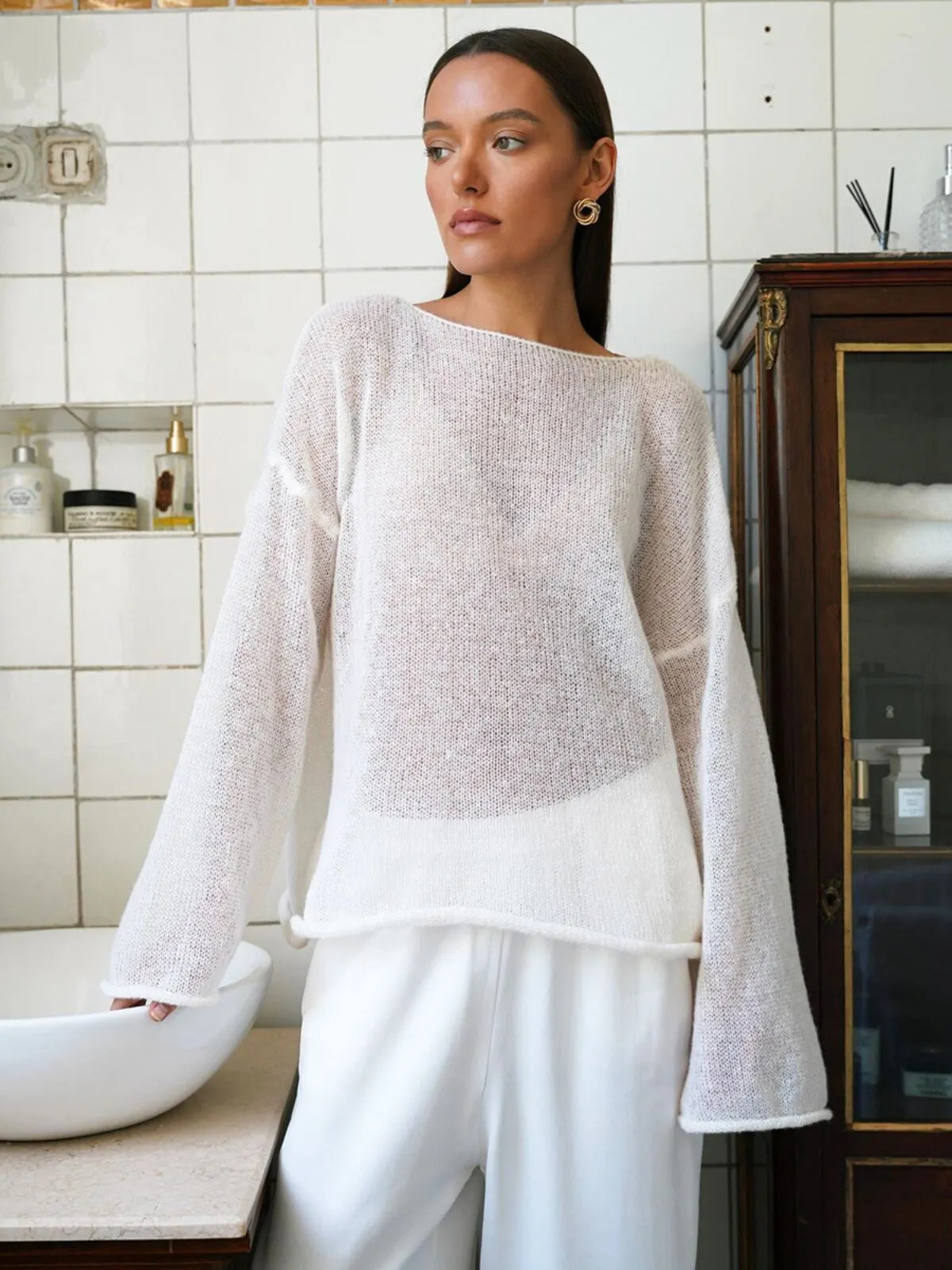 Elegant Solid Sheer Pullover Drop Shoulder Light Knit Sweater