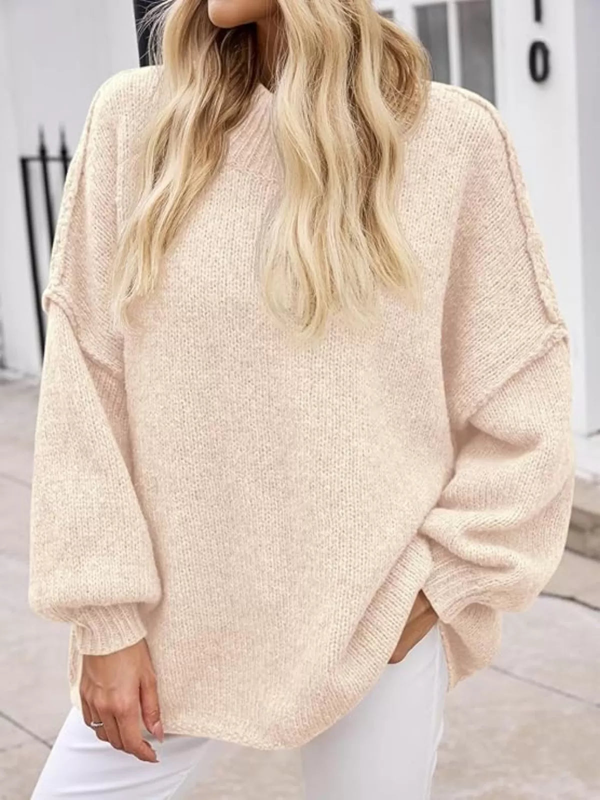 Solid Round Neck Oversized Mock Neck Batwing Sweater Fall Trendy