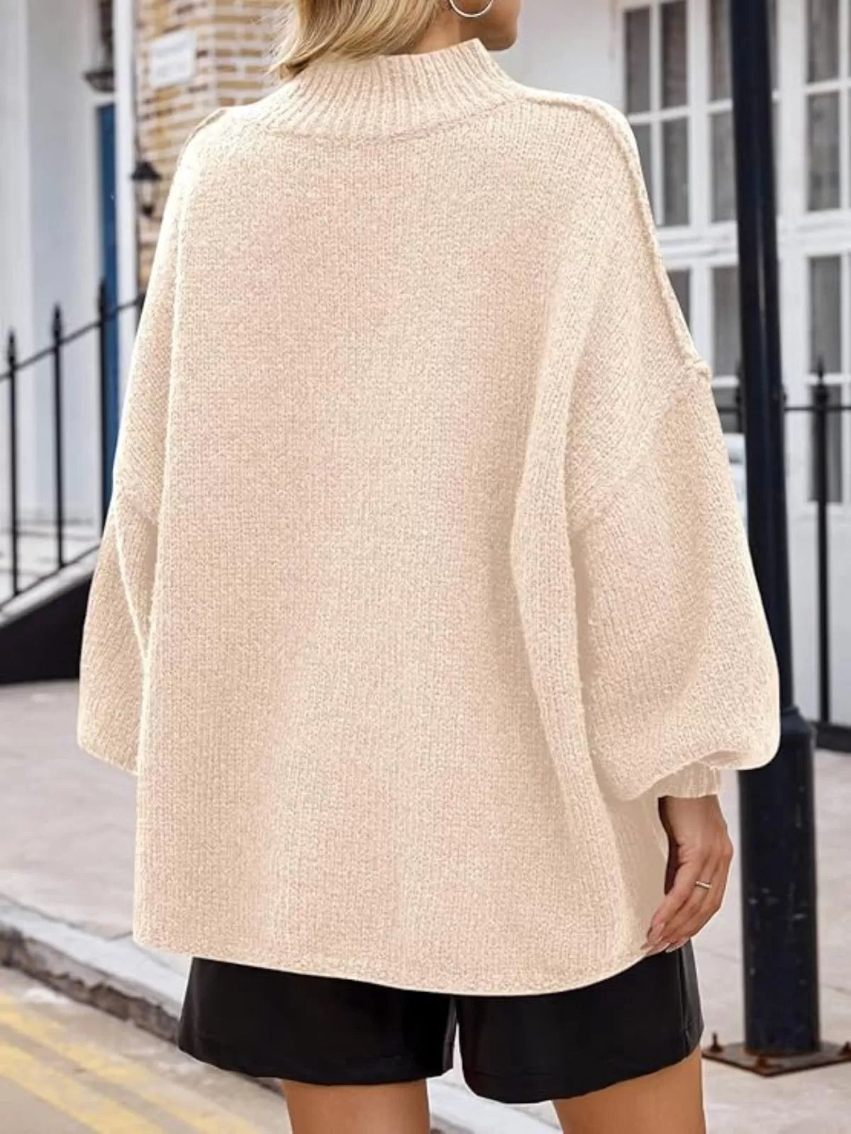 Solid Round Neck Oversized Mock Neck Batwing Sweater Fall Trendy