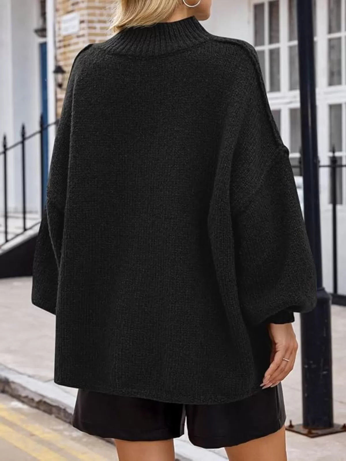 Solid Round Neck Oversized Mock Neck Batwing Sweater Fall Trendy