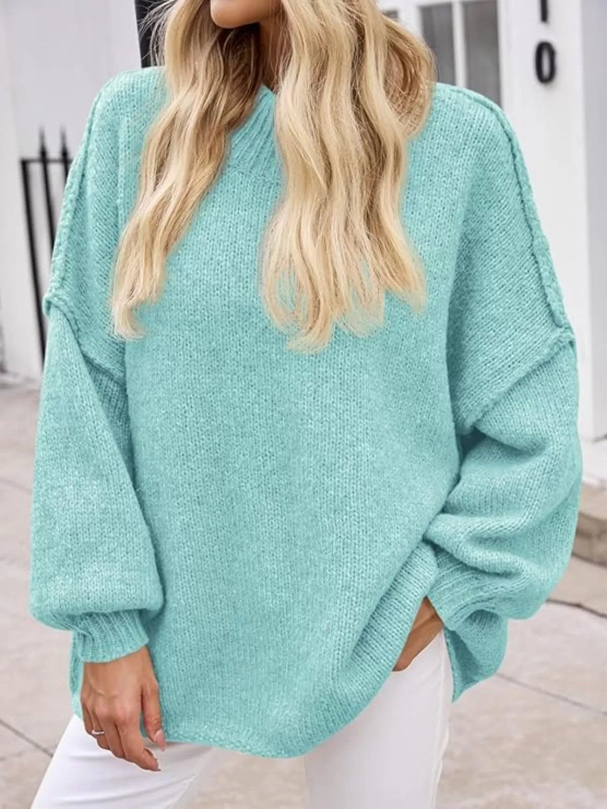 Solid Round Neck Oversized Mock Neck Batwing Sweater Fall Trendy