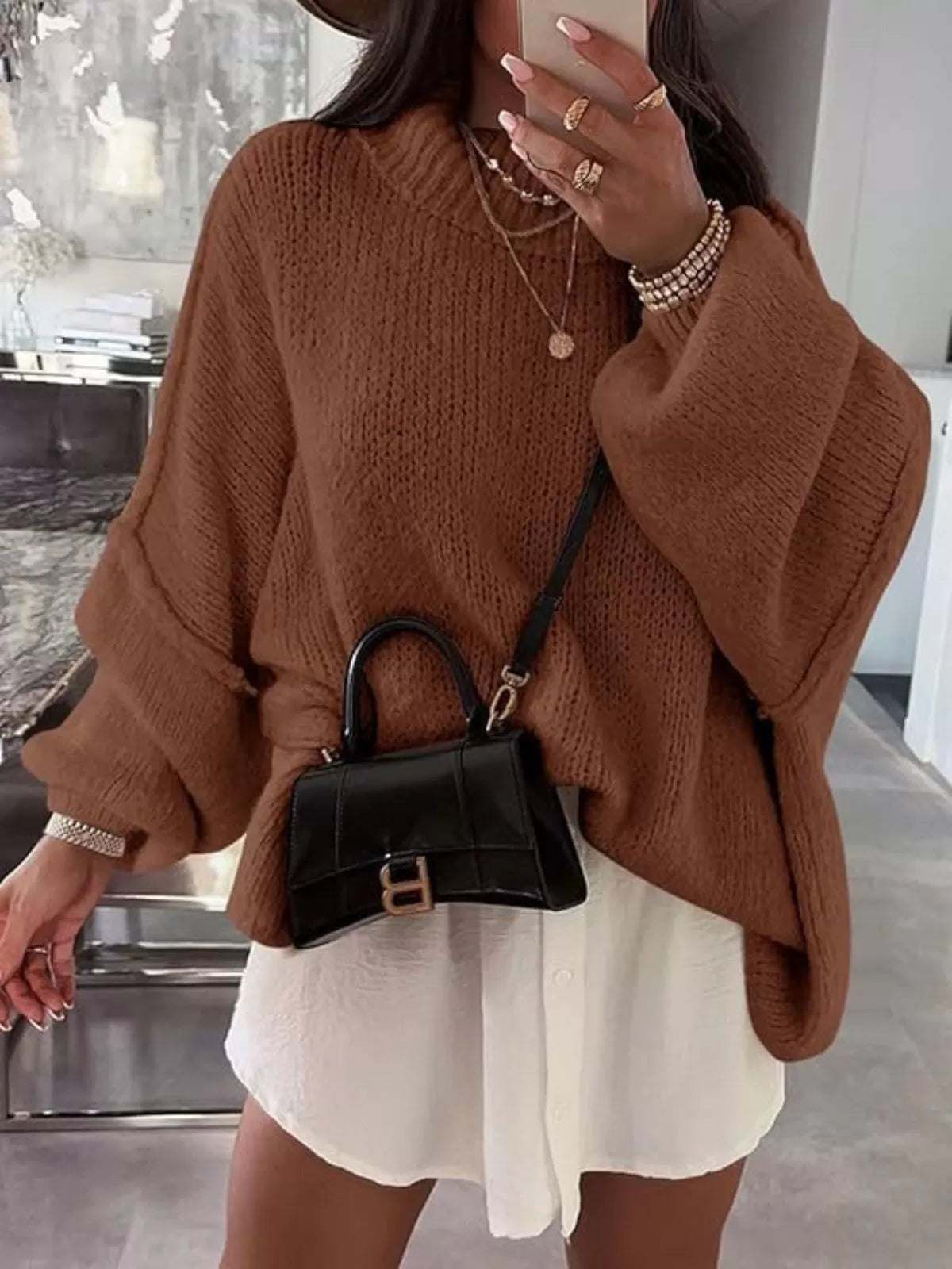 Solid Round Neck Oversized Mock Neck Batwing Sweater Fall Trendy
