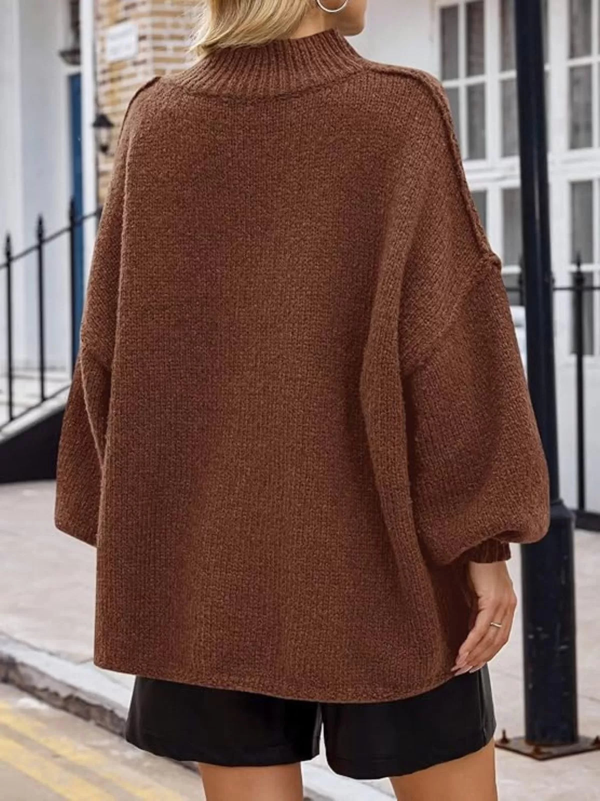 Solid Round Neck Oversized Mock Neck Batwing Sweater Fall Trendy