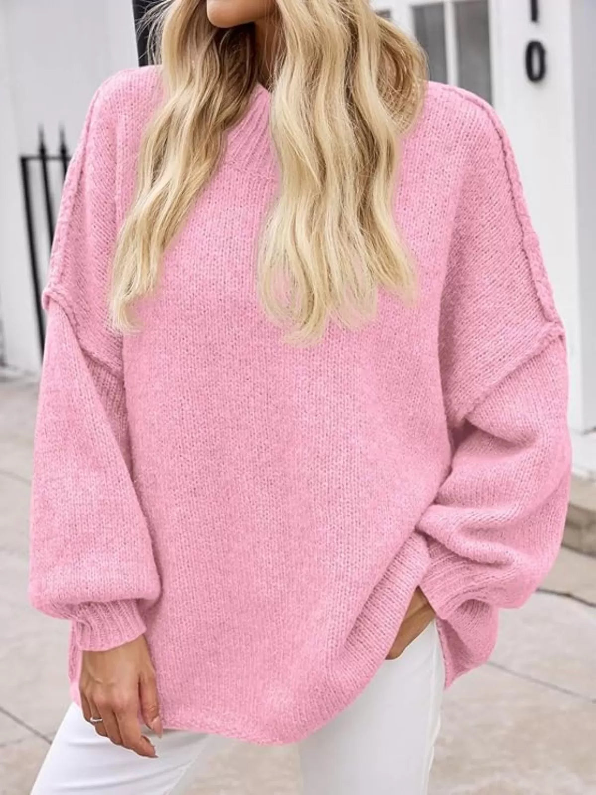 Solid Round Neck Oversized Mock Neck Batwing Sweater Fall Trendy
