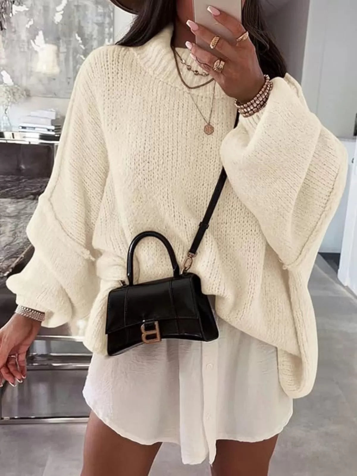 Solid Round Neck Oversized Mock Neck Batwing Sweater Fall Trendy