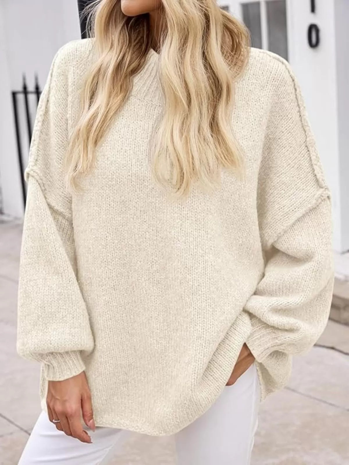 Solid Round Neck Oversized Mock Neck Batwing Sweater Fall Trendy